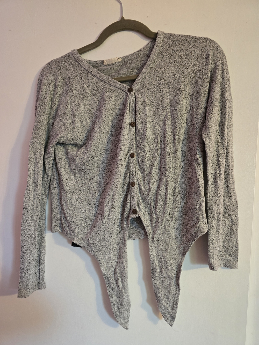 Olivia Rae Heather Gray Button-Front Pointed-Hem Cardigan